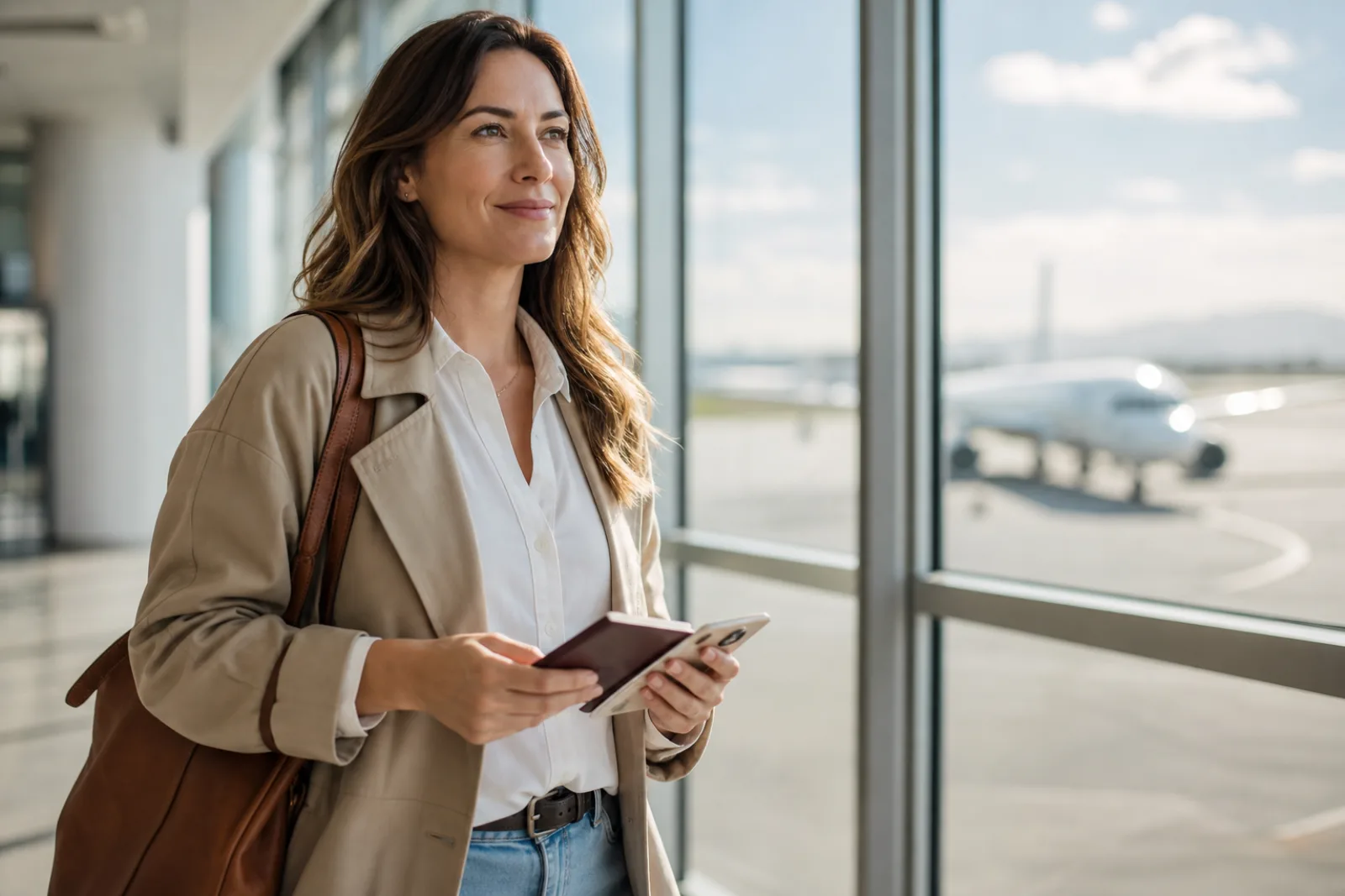 In an airport terminal, a woman checks whether her flight is on time